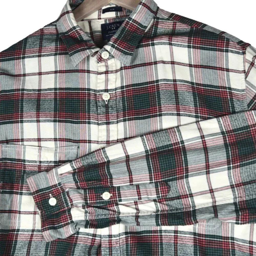 J. CREW Men's Slim Fit Flannel Shirt Sz L Ivory Green Plaid Grunge Hipster Soft